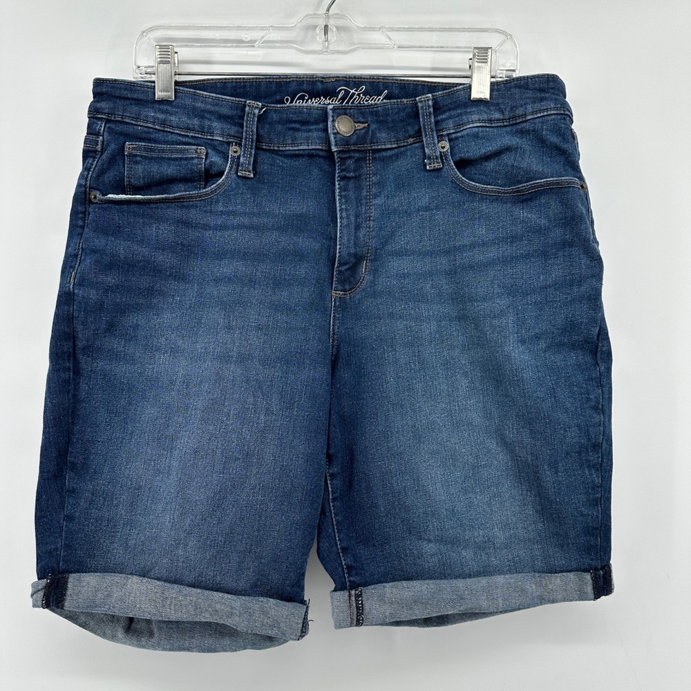 Universal Thread Womens Mid Rise Bermuda Denim Shorts Dark Wash Cuffed 14WR